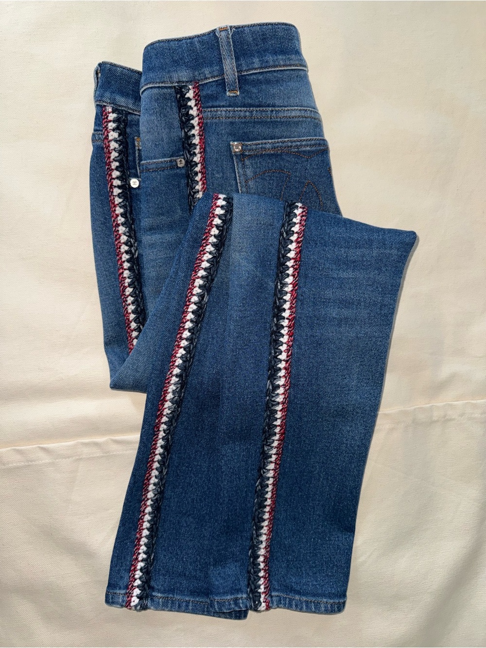 CHANEL Blue Straight-Leg Jeans with Red & White Braided Side Trim